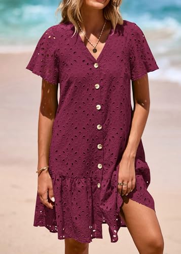Image of KIRUNDO Eyelet Dresses for Women Button Down Mini Babydoll