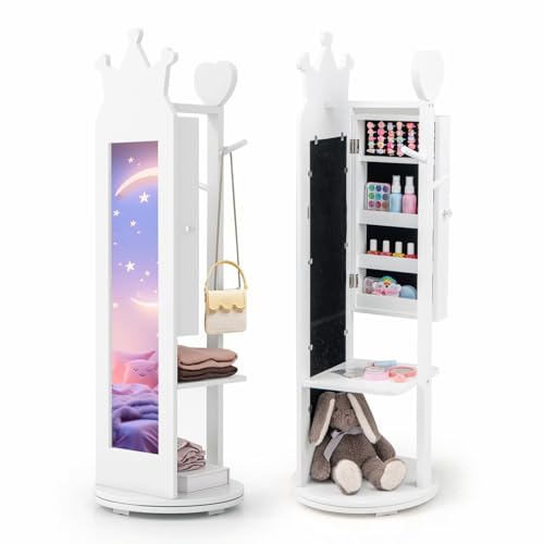 CHARMAID 360 Swivel Kids Jewelry Cabinet Armoire, Full Length Mirror, Coat Rack, Storage Shelves, 44'' Standing Vanity Dressing Mirror, Kids Jewelry Organizer for Girls (White)