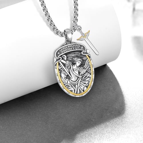 925 Sterling Silver St. Michael Pendant for Men, Archangel Necklace for Dad Husband, Saint Pendant Catholic Jewelry, Protection Medal for Police Firefighter Soldier2
