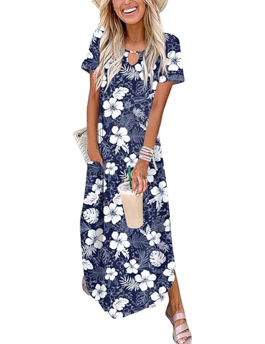 Image of Zeagoo Womens Maxi Summer Dress with Pockets Casual Short Sleeve Sundress Trendy 2026 Curve Hem Long Dress