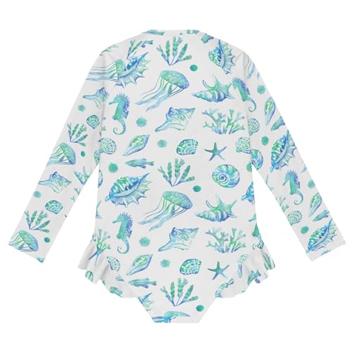 Girls Swimsuits Long Sleeve Bathing Suits Tropical Fish Seashells UPF 50+ Sun Protection Swimwear 3-12 Years2