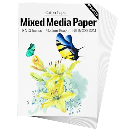 Mixed Media Paper 60 Sheets 9 X 12 Inches 140 LB/300 GSM Heavyweight Cotton Paper Smooth/Medium Rough Texture Art Paper for Watercolor Gouache Marker Painting Drawing Sketching