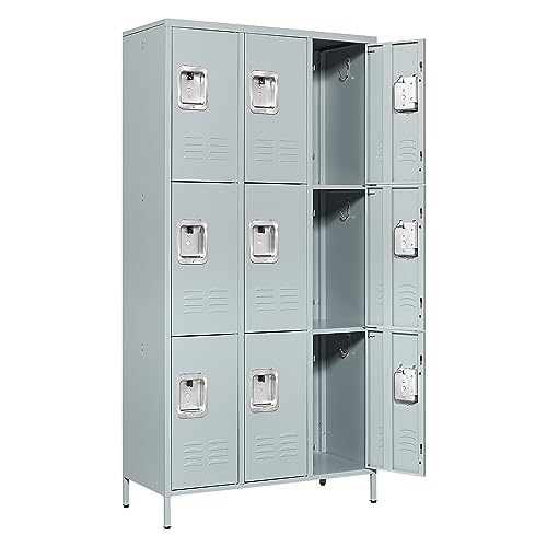 Anxxsu Metal Locker with 9 Doors Employees Locker, Metal Storage Locker with Hooks, 71" Storage Cabinet Lockers for Employees, Home, Office, Gym Requires Assembly (9 Doors, Grey)