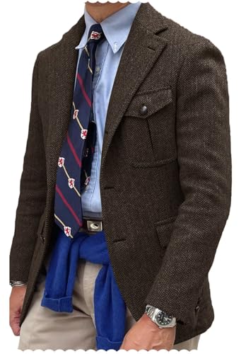 Men's Herringbone Blazer for Men Tweed Sport Coat Jacket Single Breasted Business Casual Wedding Office
