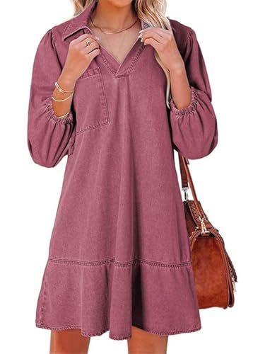 CHARTOU Women 3/4 Sleeve Ruffle Denim Dress Summer Collared V Neck Loose Shirt Jean Dress with Pockets