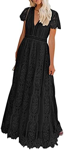 MEROKEETY Women's V Neck Short Sleeve Floral Lace Wedding Dress Bridesmaid Cocktail Party Maxi Dress Black