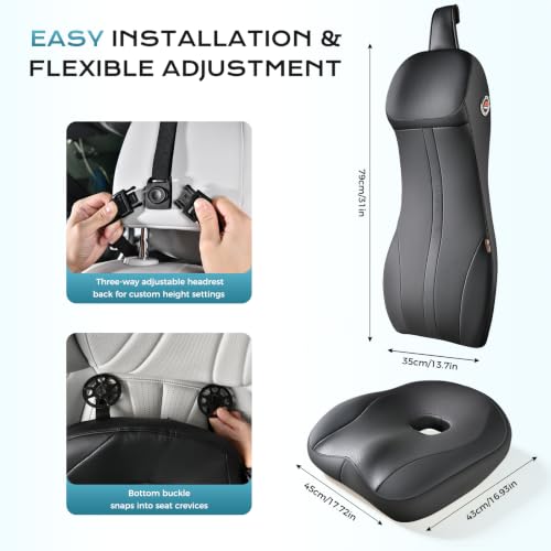 Image of Coverado Car Seat Cushion and Lumbar Support Headrest Pillow, Integrated Ergonomic Memory Foam Back Support Neck Pillow, Soft Leather Breathable Driving Seat Cushion for Sciatica Pain Relief, Black