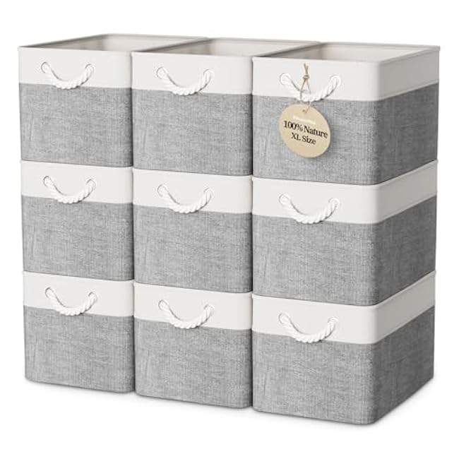 Storage Baskets - Natural Breathable Cotton Linen Material and Durable Handles - Collapsible Storage Bins for Organizing Shelves, Closet, Toys, Books