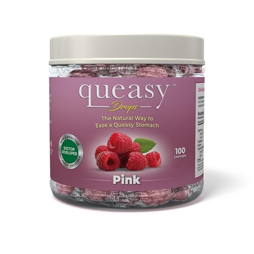 Three Lollies Queasy Drops - Natural Pink Raspberry Flavor - Relief from Chemotherapy Nausea & Travel Sickness - Alleviates a Dry Mouth - Non-Drowsy - Natural Ingredients - 100 ct