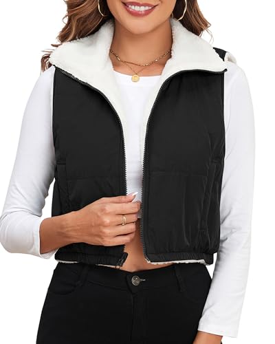 ZAFUL Women's 2024 Fleece Cropped Vest Sleeveless Zip Up Reversible Lightweight Jacket Sherpa Winter Puffer Coat Outerwear