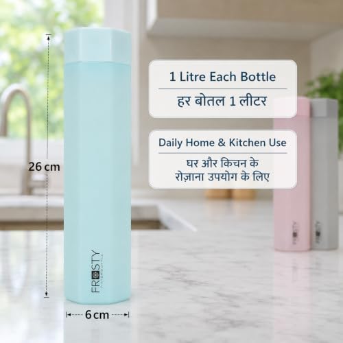 Image of Frosty Octagon Fridge Bottle Set of 6, 1 Litre Plastic Water Bottle Set for Fridge, Reusable Fridge Water Bottle Set for Home & Kitchen