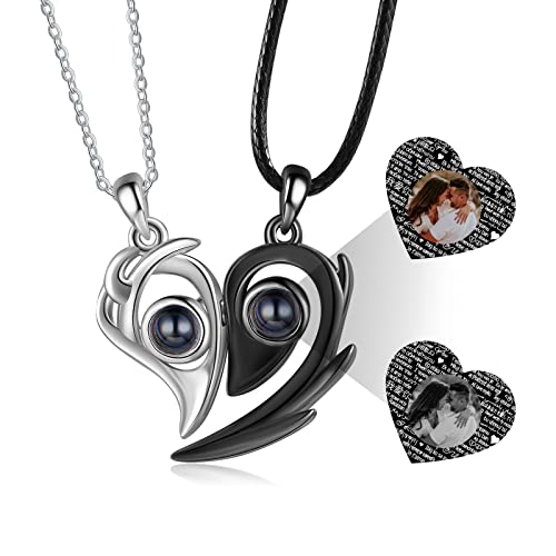 Nameinhea I Love You Necklace 100 Languages Custom Photo Projection Necklace with Picture Inside Heart Pendant for Girlfriend Magnetic Matching Necklace for Couples Best Friend (silver+black)