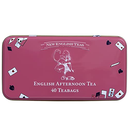 New English Teas Alice in Wonderland Tea Caddy in Pink with 40 English Afternoon Tea Bags, Mad Hatter Tea Party Decorations