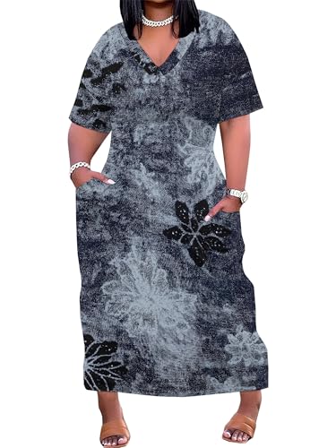 Image of SUZONANA Womens Plus Size 3D Denim-Print Fashion Maxi Dresses Casual Soft Tshirt Dress