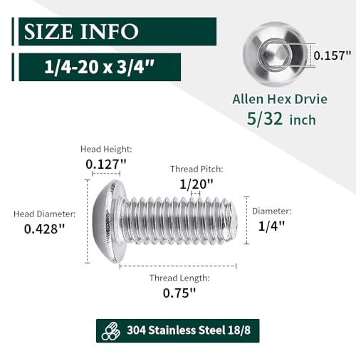 Image of 1 /4-20 x 3 /4 inch Button Head Socket Cap Bolts Screws, 304 Stainless Steel 18-8, Allen Hex Drive, Bright Finish, Fully Machine Thread, Pack of 30