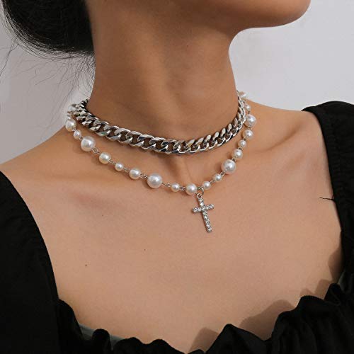 Pearl Cross Necklace For Women Silver Layered Crystal Cross Pendant Punk Chain Choker Necklace Dainty Jewelry #TOP4