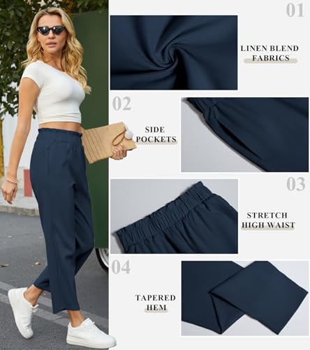 SEMARO Womens Casual High Waisted Linen Feel Pants Tapered Vacation Lounge Pants Trousers with Pockets Navy Blue4