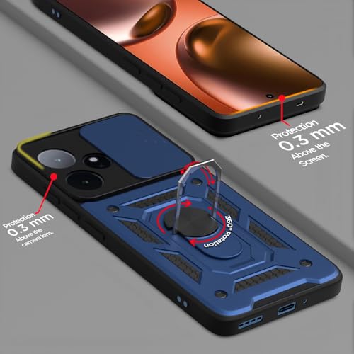 Image of Pikkme Back Cover for Realme GT 7 5G / GT 7T 5G | 360 Protection Case | Sliding Camera Shield Cover & Ring Holder Stand D10 Tough Armor Bumper Case (Blue)