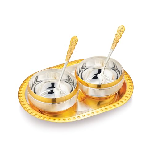 Image of Silverglow Sunrise Serving Set | Gold & Silver Finished Bowl Set of 5 | Dry Fruits, Snacks containers | Serving Tray Bowl Set | Tableware Set | Perfect Diwali, Office, Wedding Return Gift
