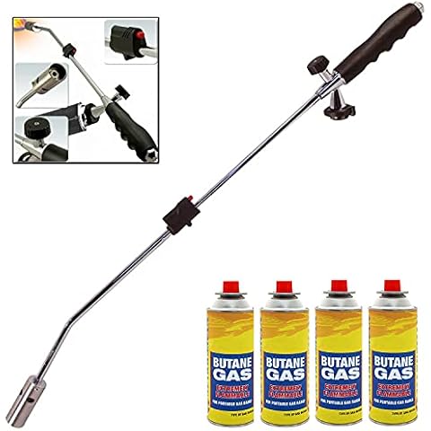 GREEN HAVEN Gas Powered Weed Burner with Auto Ignition | Weed Burner Gas Weed Killer with Adjustable Flame | Butane Gas Canister Compatible Weed Wand | Eco-Friendly Flame Thrower (Burner + 4 Canister) Cover