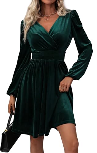 YUTILA Damen Samtkleid mit V-Ausschnitt und Langen Ärmeln – Elegantes Partykleid Cocktailkleid Abendkleid für Herbst & Winter