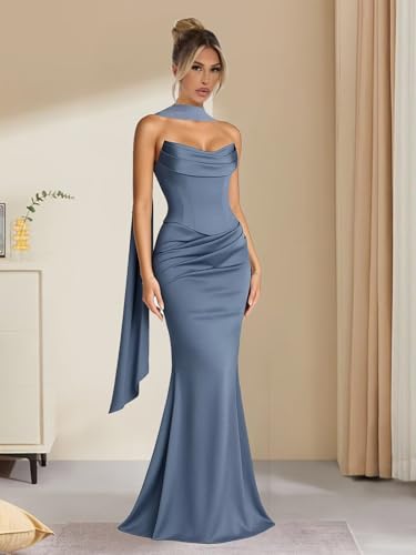 TORYEMY Satin Bridesmaid Dresses for Women Long Mermaid Strapless Pleated Formal Evening Dresses with Scarf2