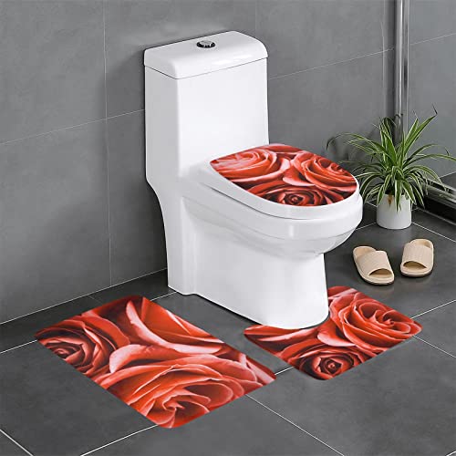 Rote Rose Blume Badezimmer Teppich Sets von 3 rutschfesten Badematten, Konturmatte und WC-Deckelabdeckung Duschmatten Badteppich für Badewanne Dusche und Badezimmer