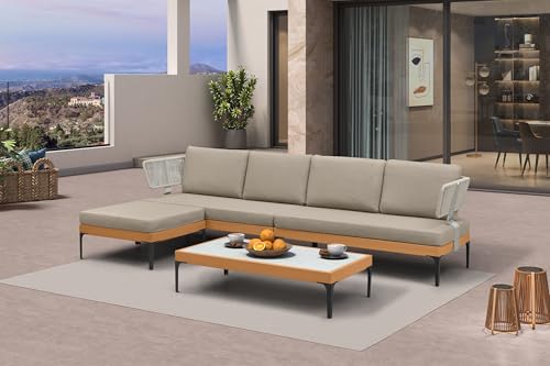 Image of PURPLE LEAF Patio Furniture Set Outdoor Sectional Sofa with Fade-Resistant Cushions Coffee Table Wicker L-Shaped 6 Pieces Aluminum Conversation Sets with Ottoman for Balcony Yard Poolside, Taupe