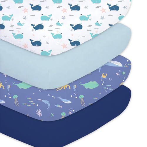 Image of Little Grape Land 4 Pack Baby Crib Sheets for Standard Crib Mattress,52x28 | Super Soft & Breathable,Perfect Fit,Ultra-Soft Fabric,Charming Design,Easy Care,Whale /Shell Blue /Ocean /Navy