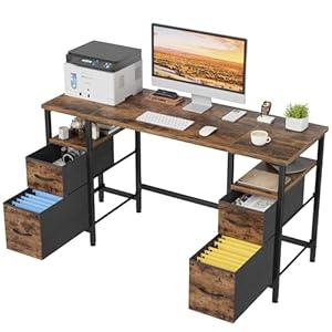 55” Office Desk with 4 Fabric File Drawers – File Drawer Organization, Computer Work Desk, Study Writing Table, Home Office Workstation, Rustic Brown.