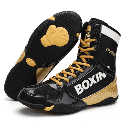 Hixingo Zapatos de Boxeo para Hombre Mujer 36-46, Zapatillas Boxeo Hombre Mujer Cons Uelas de Goma Antideslizantes Zapatillas Lucha Libre Ligero y Respirable (QJ-22522 Negro Dorado,37)