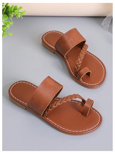 GORGLITTER Girl's Strappy Leather Flats Sandal Cute Braided Dressy Toe Ring Slip on Slide Sandals3