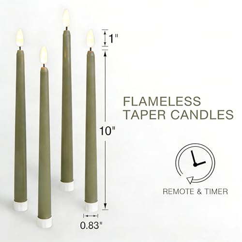 Image of Olive Green Flameless Taper Candles with Remote, Flickering Battery LED Candlesticks Home Decor Set of 4