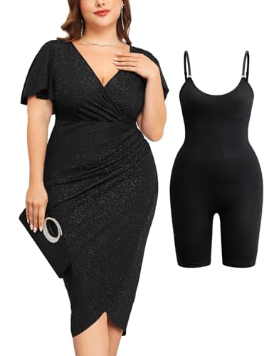 Image of ZOMVA Plus Size 0X-4X Sparkly Glitter Ruched Bodycon Midi Dress Sparkle Sequin Wrap Ruffle Sleeve Dress Cocktail Party Formal
