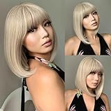NAYOO Blonde Bob Wig with Bangs, 12 Inch Short Blonde Wig for Women, Natural Looking Short Bob Wig, Straight Short Hair Wig Colorful Wig for Daily Use, Party, Cosplay, Halloween