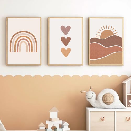 COYUN Lot de 3 tableaux pour chambre d'enfant et fille,Affiches Chambre Fille,Décoration pour chambre d'enfant,Arc-en-ciel soleil,Décoration murale pour chambre de bébé,DIN A4,Décoration bohème