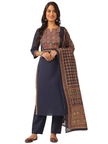 Image of Vbuyz Women Ajrakh With Yoke design Cotton Straight Kurta Set With Dupatta