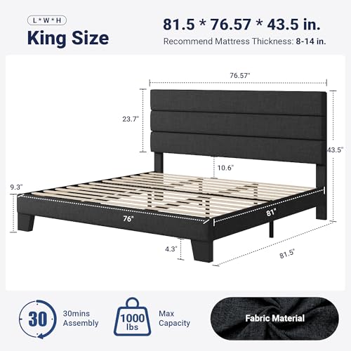 Image of Allewie King Bed Frame Platform Bed with Fabric Upholstered Headboard and Wooden Slats Support, Fully Upholstered Mattress Foundation /No Box Spring Needed /Easy Assembly, Dark Grey