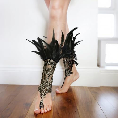 MCJC Black Lace Feather Gloves, Swan Wings Wrist Bands, Witch Angel Costume Accessories3