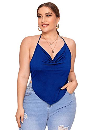 SheIn Women s Plus Cowl Neck Tie Backless Halter Top Bandana Asymmetrical Cami Camisole Royal Blue X-Large Plus