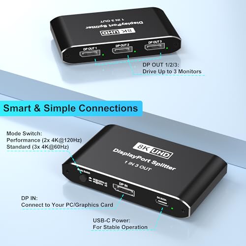 Image of DisplayPort Splitter 1 in 3 Out, Display Port Splitter for Triple Monitors, Supports 8K@60Hz DSC & 4K@120Hz Extended /Mirror Mode, DP 2.1 MST Hub, 3 Monitor Adapter for Laptop, Desktop, Graphics Card