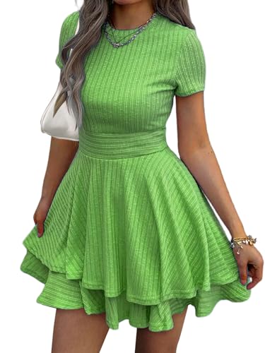 Image of Womens Summer Mini Dresses Short Sleeve Casual Crewneck Knitted Crochet Flowy Tiered Sundress