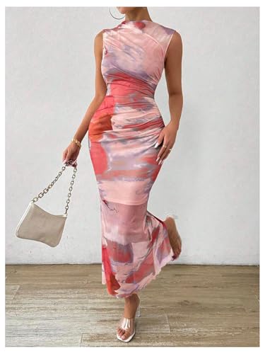 Image of Milumia Women's Printed Mock Neck Bodycon Maxi Dress Sleeveless Mesh Long Dress Party Cocktail