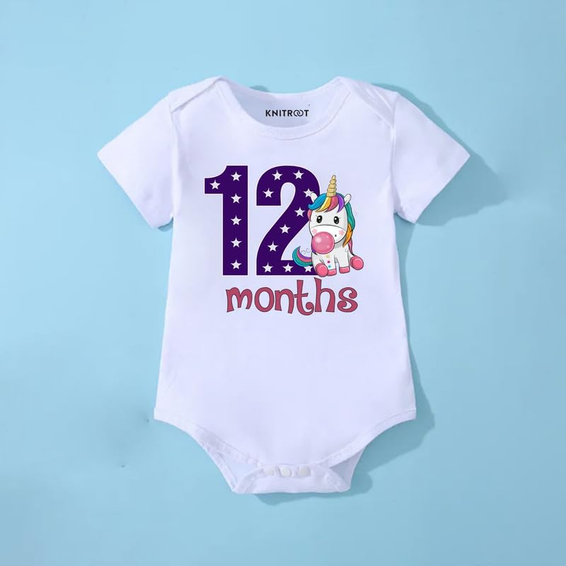 Image of KNITROOT Monthly Birthday Special Unisex Baby Romper Half Sleeve White Color