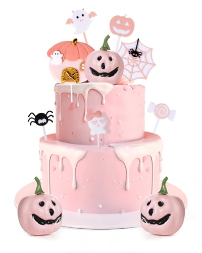 Halloween Cake Toppers - Pink Pumpkins & Ghost Spider Web Cupcake...