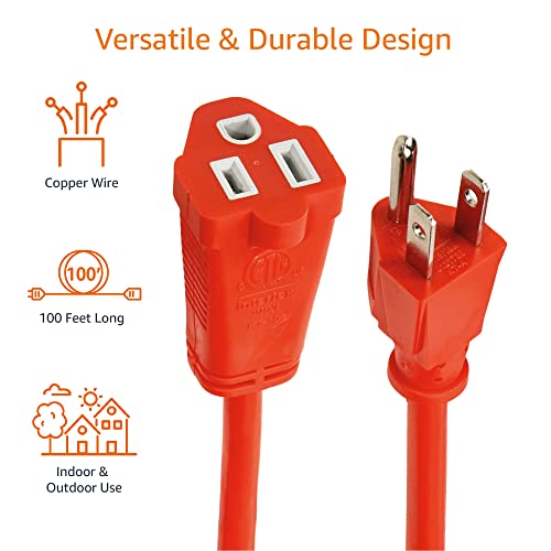 Image of Amazon Basics 100 Foot 3-Prong Vinyl Indoor /Outdoor Extension Cord, Long Power Cord, Grounded Plug for Safety, Moisture Resistant, 10 Amps, 1250 Watts, 125 VAC, Orange