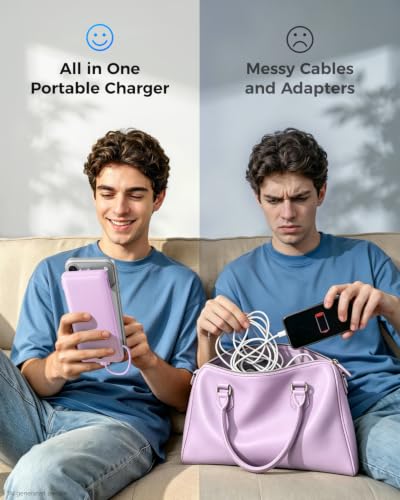 Image of VEGER Portable Charger with Built-in AC Plug and Cables, All in One 10000mAh Ultra Slim Power Bank Travel Essentials, USB C External Battery Pack Compatible with iPhone, Samsung, More, Purple