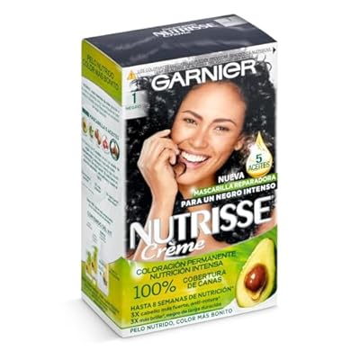 Garnier Nutrisse Creme Coloración Nutritiva Permanente  Tinte 100% Cobertura de Canas con Mascarilla Nutritiva de 4 Aceites - Tono 1 Negro