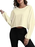 MATEAM Womens Workout Tops Casual Sweatshirt Long Sleeve Cropped Plain t Shirts Crewneck Ladies Going Out Crop Loose Fit Fashion Clothing for Women Trendy Apricot XL
