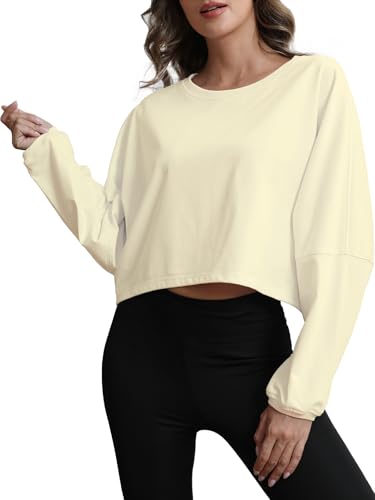 MATEAM Womens Workout Tops Casual Sweatshirt Long Sleeve Cropped Plain t Shirts Crewneck Ladies Going Out Crop Loose Fit Fashion Clothing for Women Trendy Apricot XL